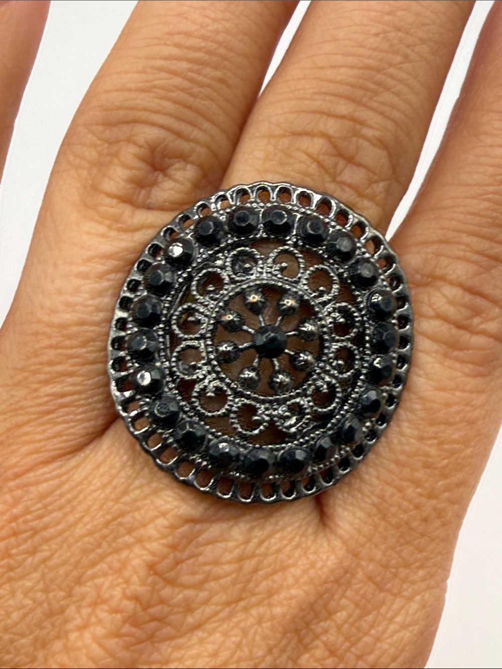 Vintage Silver Tone Black Rhinestone Large Adjustable Cocktail Statement Ring
